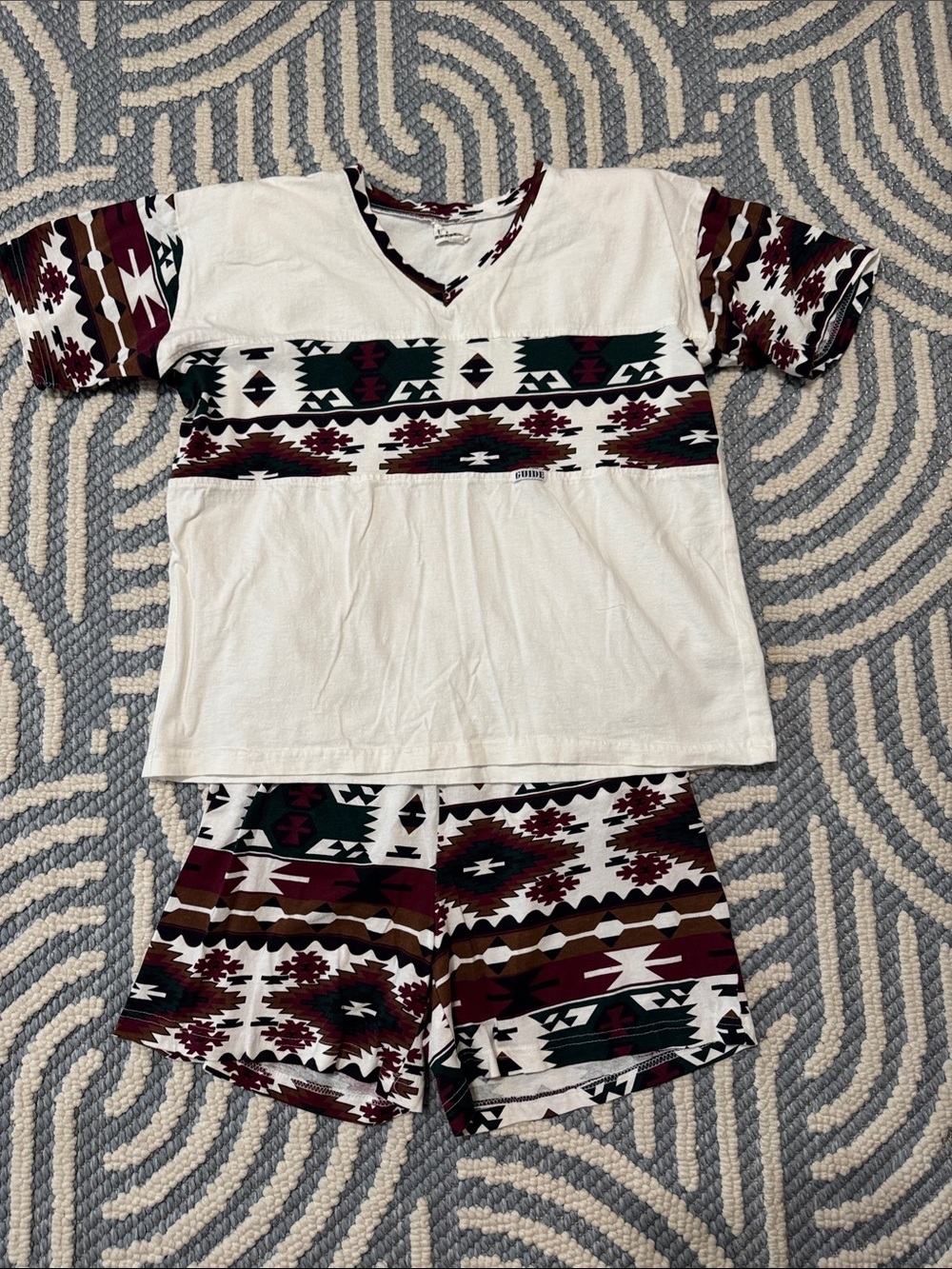Vintage 90s Guide Fashion Southwestern Geometric Top & Shorts Set Size L